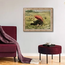 «The Red Sunshade, c.1860» в интерьере гостиной в бордовых тонах