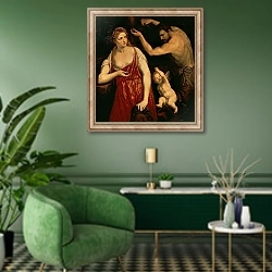 «Venus and Mars, 1550s» в интерьере гостиной в зеленых тонах