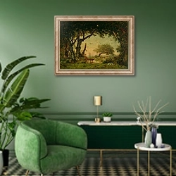 «The Edge of the Forest at Fontainebleau, Setting Sun, 1850-51» в интерьере гостиной в зеленых тонах