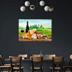 «Различные виды сыра на фоне Тосканского пейзажа» в интерьере столовой с черными стенами