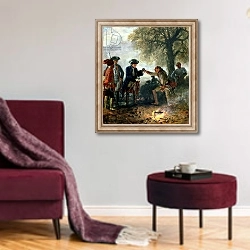 «Frederick the Great with Zieten at the Camp, 1852» в интерьере гостиной в бордовых тонах