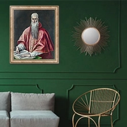 «Святой Жером как Кардинал» в интерьере классической гостиной с зеленой стеной над диваном