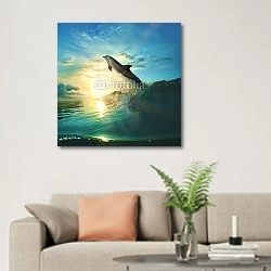 «Дельфин и рассвет в океане» в интерьере современной светлой гостиной над диваном