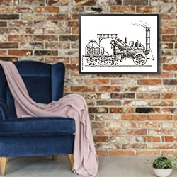 «Иллюстрация с паровозом» в интерьере в стиле лофт с кирпичной стеной и синим креслом