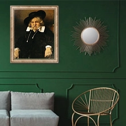 «Portrait of an old man, 1667» в интерьере классической гостиной с зеленой стеной над диваном