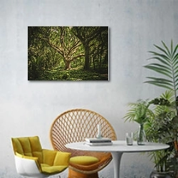 «Старое дерево в тропическом лесу» в интерьере современной гостиной с желтым креслом
