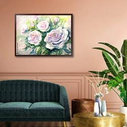 «Букет белых роз крупным планом, акварель» в интерьере классической гостиной над диваном