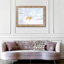 «Winter: Hare in woodland, from source unknown» в интерьере гостиной в классическом стиле над диваном