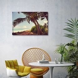 «Тропический пляж с пальмами» в интерьере современной гостиной с желтым креслом