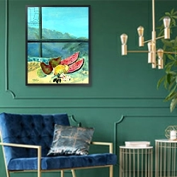 «Still Life with Watermelon» в интерьере классической гостиной с зеленой стеной над диваном