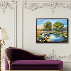 «Река в лесу, красочные поля цветов» в интерьере в классическом стиле над банкеткой