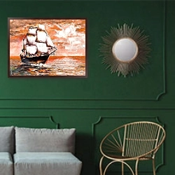 «Корабль в океане с белыми парусами» в интерьере классической гостиной с зеленой стеной над диваном