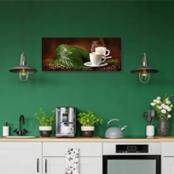 «Горячий кофе капучино» в интерьере кухни с зелеными стенами