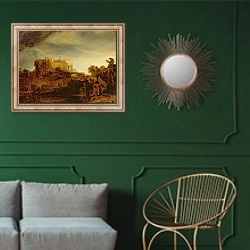 «Landscape with a Chateau» в интерьере классической гостиной с зеленой стеной над диваном