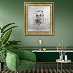 «Автопортрет. Начало 1900-х» в интерьере гостиной с зеленой стеной над диваном
