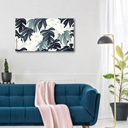 «Белые пионы в зеленых листьях» в интерьере современной гостиной над синим диваном