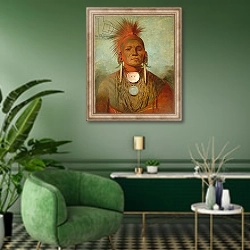 «See-non-ty-a, an Iowa Medicine Man, 1844-45» в интерьере гостиной в зеленых тонах