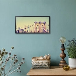 «Панорама Бруклинского моста, Нью-Йорк, США» в интерьере в стиле ретро с бирюзовыми стенами