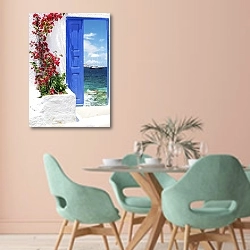 «Греция. Остров Миконос. Дверь» в интерьере современной столовой в пастельных тонах