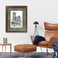 «Bourges Cathedral, in Bourges, France vintage engraving» в интерьере кабинета с кожаным креслом