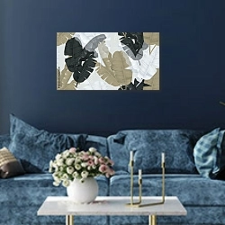 «Черные, коричневые и белые листья банана на светло-сером фоне» в интерьере современной гостиной в синем цвете