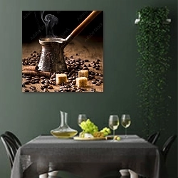«Дымящийся турецкий кофе в турке» в интерьере столовой в зеленых тонах
