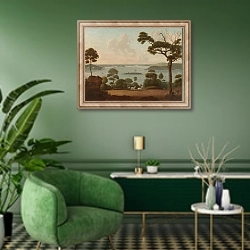 «Вид на Сиднейскую бухту» в интерьере гостиной в зеленых тонах