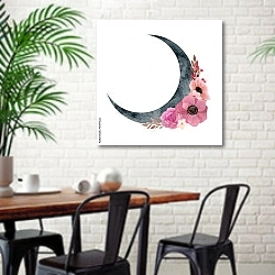 «Полумесяц с цветочной композицией» в интерьере столовой в скандинавском стиле с кирпичной стеной