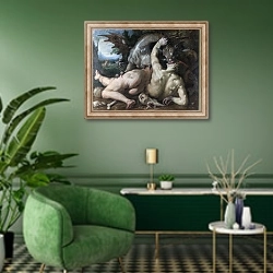 «Последователи Кадмоса, пожираемые драконом» в интерьере гостиной в зеленых тонах
