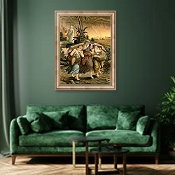 «Lot flees from Sodoma» в интерьере зеленой гостиной над диваном