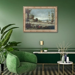 «Пейзаж с людьми 2» в интерьере гостиной в зеленых тонах