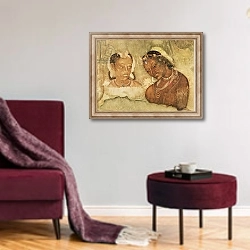 «A Princess and her Servant, copy of a fresco from the Ajanta Caves, India» в интерьере гостиной в бордовых тонах