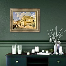 «Вид Нового Эрмитажа со стороны Миллионной улицы 2» в интерьере гостиной в оливковых тонах
