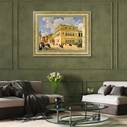 «Вид Нового Эрмитажа со стороны Миллионной улицы 2» в интерьере гостиной в оливковых тонах