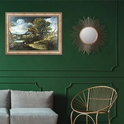 «Пейзажт с рыбаками» в интерьере классической гостиной с зеленой стеной над диваном