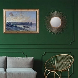 «Вид на реку 3» в интерьере классической гостиной с зеленой стеной над диваном
