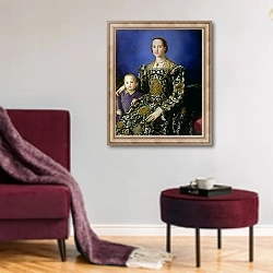 «Portrait of Eleanor of Toledo and her Son, Giovanni de Medici, c.1544-45» в интерьере гостиной в бордовых тонах