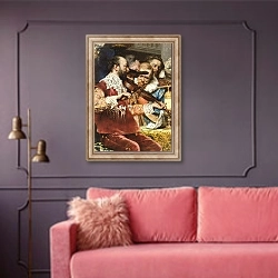 «Baptism of the conde - detail» в интерьере гостиной с розовым диваном