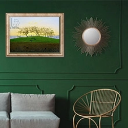 «Hills and Ploughed Fields near Dresden» в интерьере классической гостиной с зеленой стеной над диваном