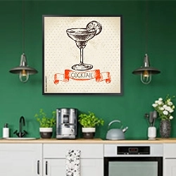 «Иллюстрация с коктейлем маргарита» в интерьере кухни с зелеными стенами