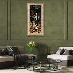«The Garden of Earthly Delights, c.1500» в интерьере гостиной в оливковых тонах