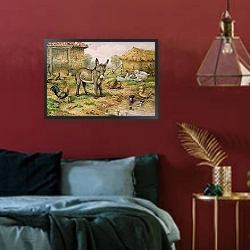 «Donkey and Farmyard Fowl» в интерьере спальни с акцентной стеной