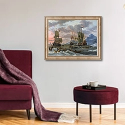 «Бой китов» в интерьере гостиной в бордовых тонах