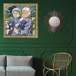 «Two Little Girls, 1890» в интерьере классической гостиной с зеленой стеной над диваном