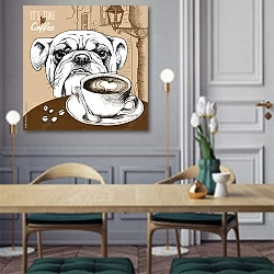 «Плакат с чашкой кофе и собакой » в интерьере классической кухни у двери