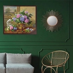 «AB211B Still Life of Hydrangeas and Lilacs» в интерьере классической гостиной с зеленой стеной над диваном