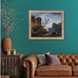 «Река с рыбаками» в интерьере гостиной с зеленой стеной над диваном