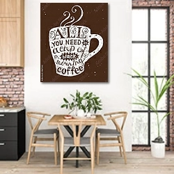«All you need is cup of coffee» в интерьере кухни с кирпичными стенами над столом