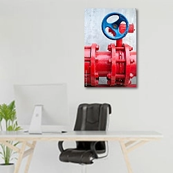 «Красная газовая труба с синим вентилем» в интерьере офиса над рабочим местом