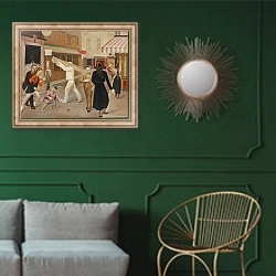 «Улица» в интерьере классической гостиной с зеленой стеной над диваном